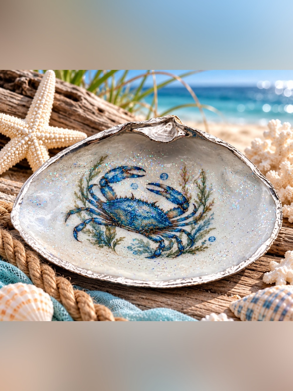 Coastal Blue Crab Shell Art - Hand-Painted Nautical Accent